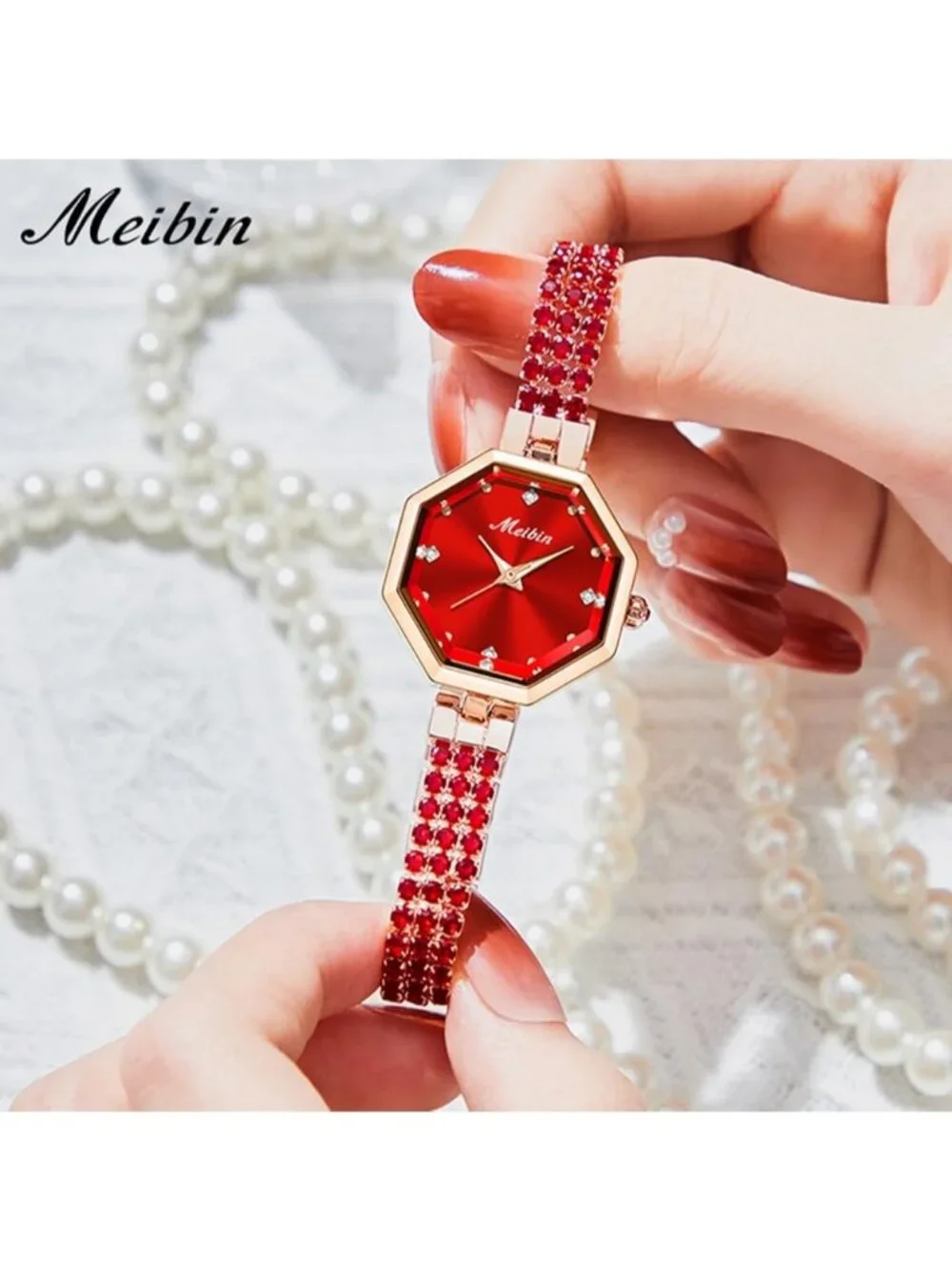 Women's Red Crystal Diamond Bangle Ladies Bracelet Luxury Oval Wrist Watches